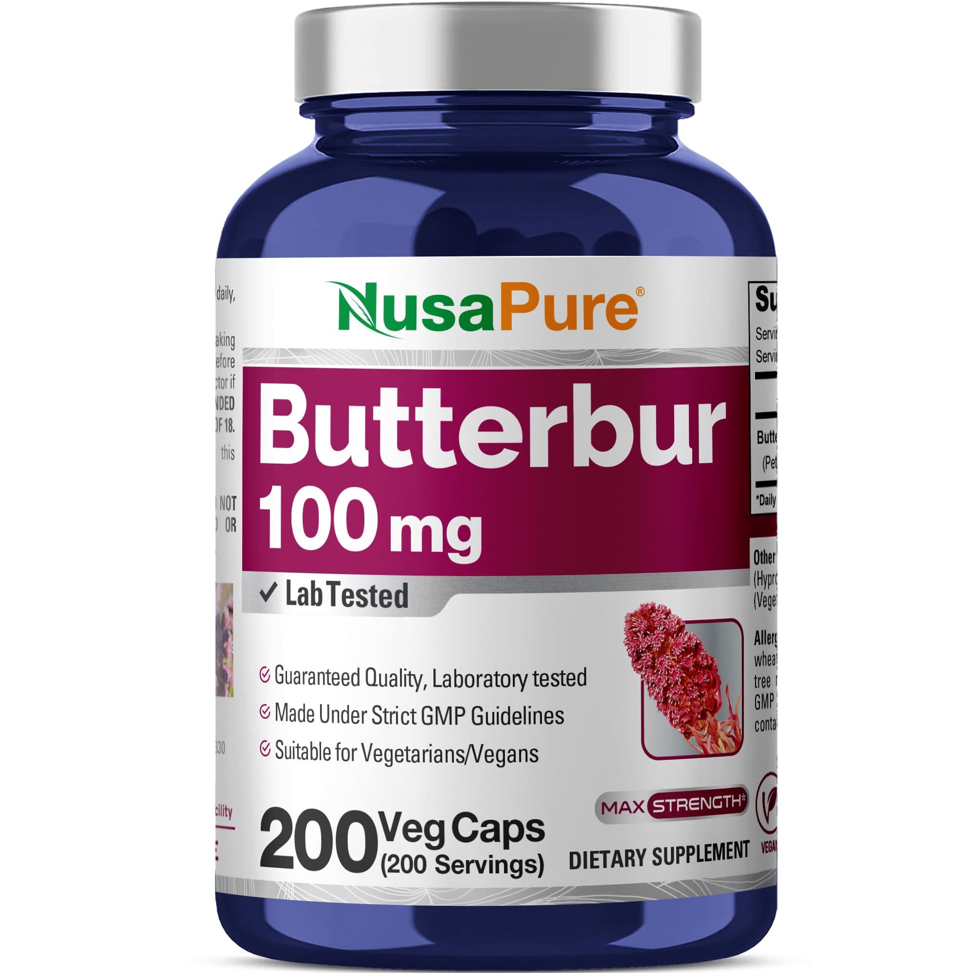 NusaPure Butterbur Extract 100mg per caps 200 Veggie Capsules (Non-GMO, Vegetarian, Vegan) - Maple Wellness Supplements