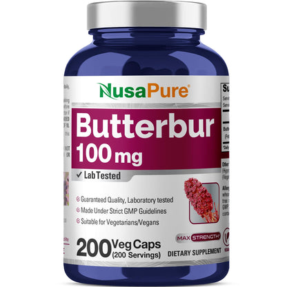 NusaPure Butterbur Extract 100mg per caps 200 Veggie Capsules (Non-GMO, Vegetarian, Vegan) - Maple Wellness Supplements