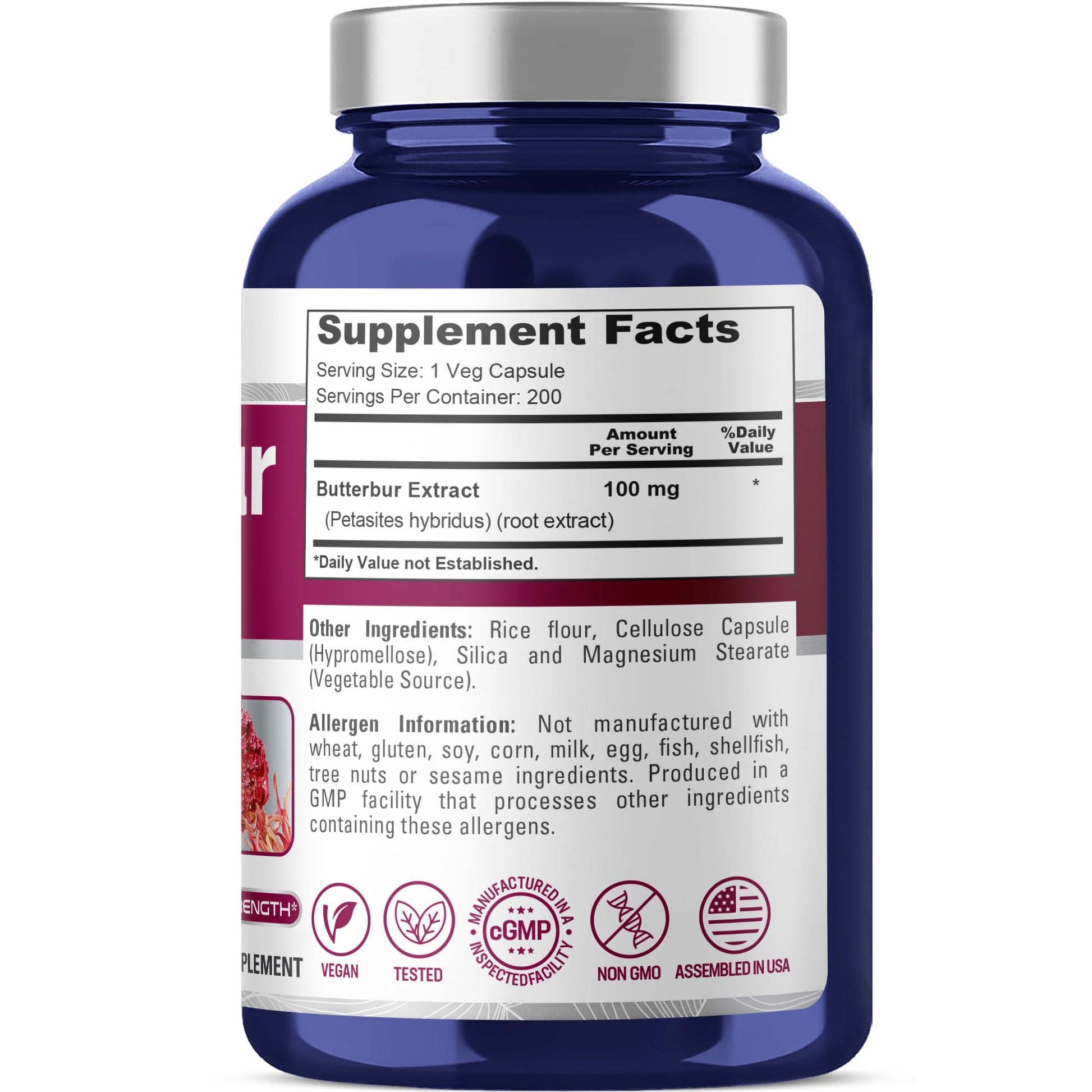 NusaPure Butterbur Extract 100mg per caps 200 Veggie Capsules (Non-GMO, Vegetarian, Vegan) - Maple Wellness Supplements
