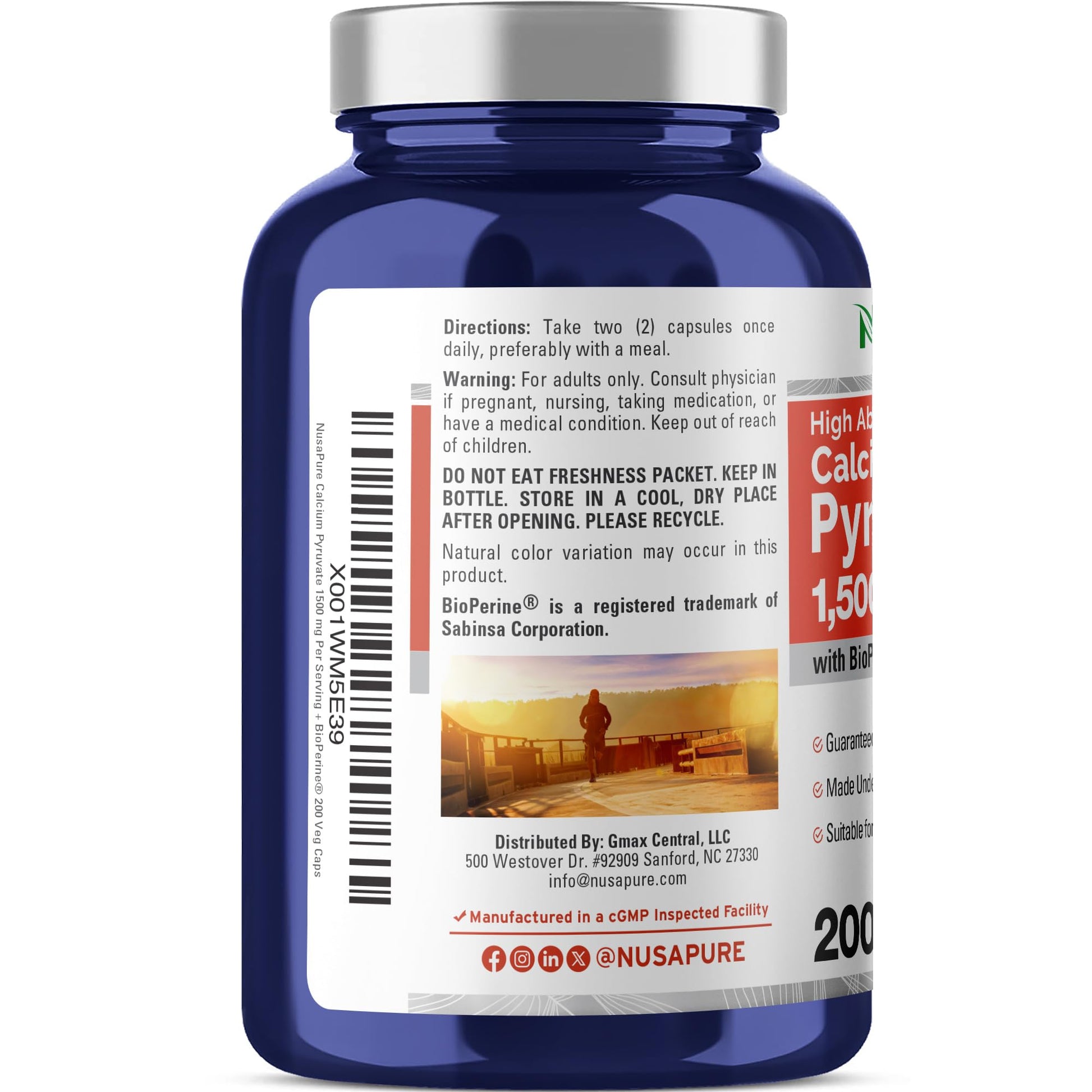 NusaPure Calcium Pyruvate - Suitable for Vegetarian/Vegan, Non - GMO - 1500 mg - 200 Capsules - Maple Wellness Supplements