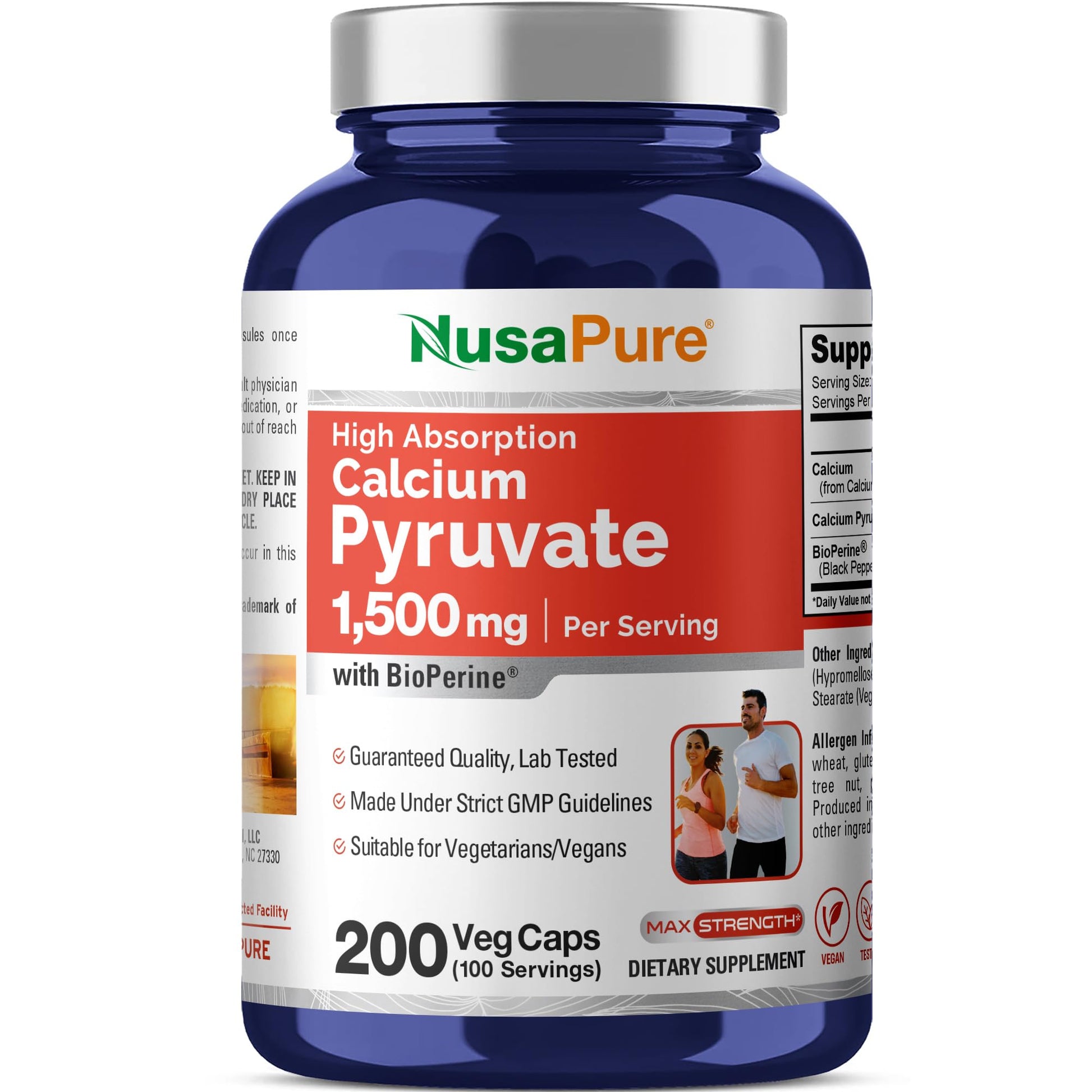 NusaPure Calcium Pyruvate - Suitable for Vegetarian/Vegan, Non - GMO - 1500 mg - 200 Capsules - Maple Wellness Supplements