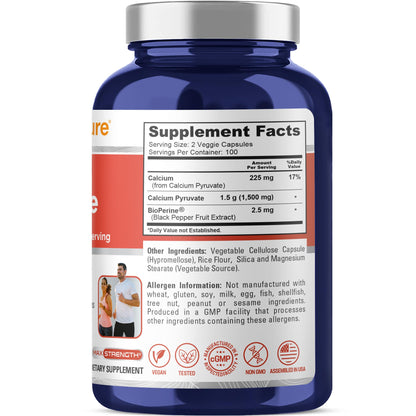 NusaPure Calcium Pyruvate - Suitable for Vegetarian/Vegan, Non - GMO - 1500 mg - 200 Capsules - Maple Wellness Supplements