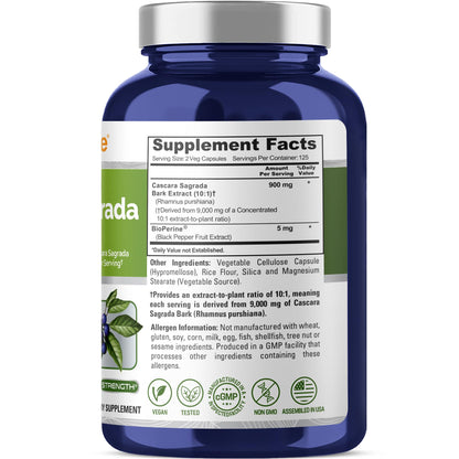 NusaPure Cascara Sagrada 10:1 Extract, 900 mg Equivalent to 9,000 mg per Veggie Caps - 250 Capsules (Non-GMO, Vegan) - Maple Wellness Supplements