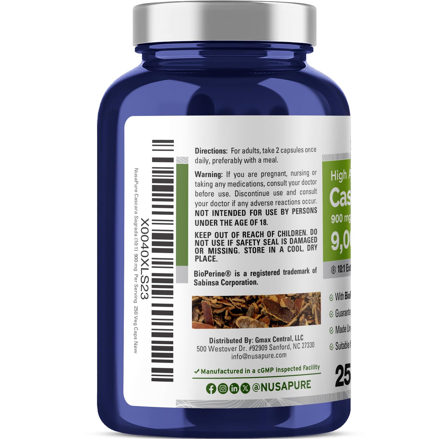 NusaPure Cascara Sagrada 10:1 Extract, 900 mg Equivalent to 9,000 mg per Veggie Caps - 250 Capsules (Non-GMO, Vegan) - Maple Wellness Supplements