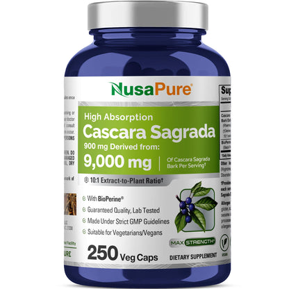 NusaPure Cascara Sagrada 10:1 Extract, 900 mg Equivalent to 9,000 mg per Veggie Caps - 250 Capsules (Non-GMO, Vegan) - Maple Wellness Supplements