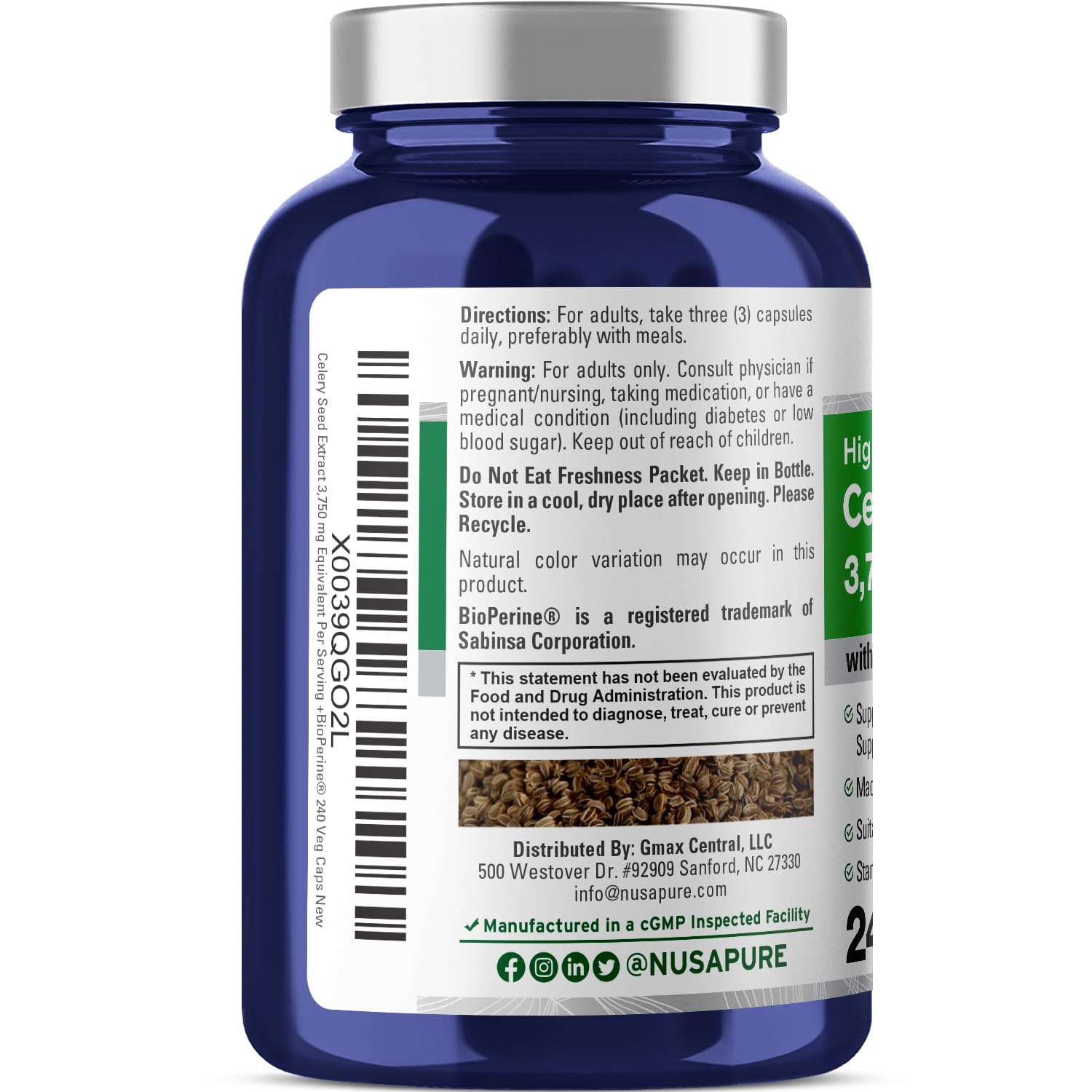 NusaPure Celery Seed Capsules 10:1 Extract, 375 mg Equivalent to 3750mg, 240 Veggie Caps, Non-GMO, Vegan - Maple Wellness Supplements