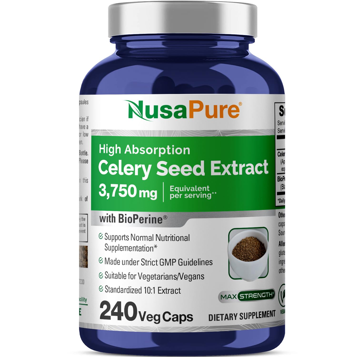 NusaPure Celery Seed Capsules 10:1 Extract, 375 mg Equivalent to 3750mg, 240 Veggie Caps, Non-GMO, Vegan - Maple Wellness Supplements