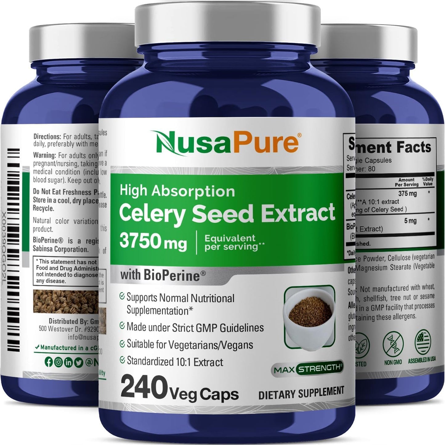 NusaPure Celery Seed Capsules 10:1 Extract, 375 mg Equivalent to 3750mg, 240 Veggie Caps, Non-GMO, Vegan - Maple Wellness Supplements