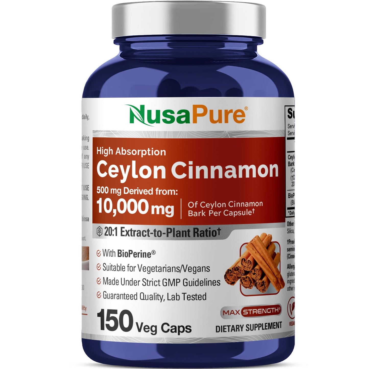 NusaPure Ceylon Cinnamon20:1 Extract, 500 mg Equivalent to 10,000 mg Per Caps | 150 Veggie Capsules | Non-GMO, Vegan with Bioperine - Maple Wellness Supplements