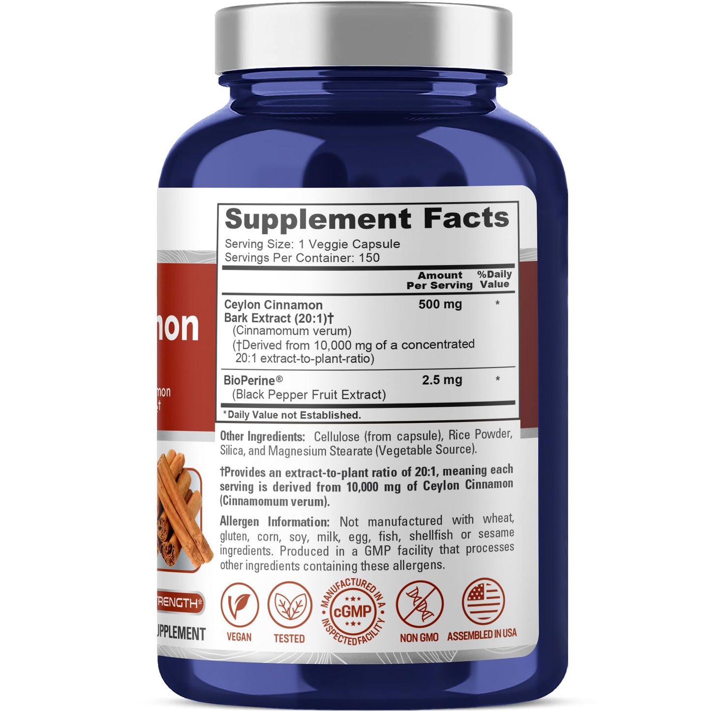 NusaPure Ceylon Cinnamon20:1 Extract, 500 mg Equivalent to 10,000 mg Per Caps | 150 Veggie Capsules | Non-GMO, Vegan with Bioperine - Maple Wellness Supplements