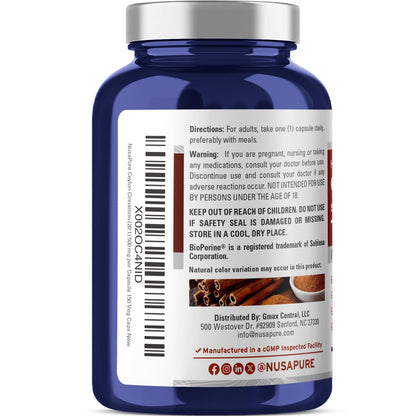 NusaPure Ceylon Cinnamon20:1 Extract, 500 mg Equivalent to 10,000 mg Per Caps | 150 Veggie Capsules | Non-GMO, Vegan with Bioperine - Maple Wellness Supplements