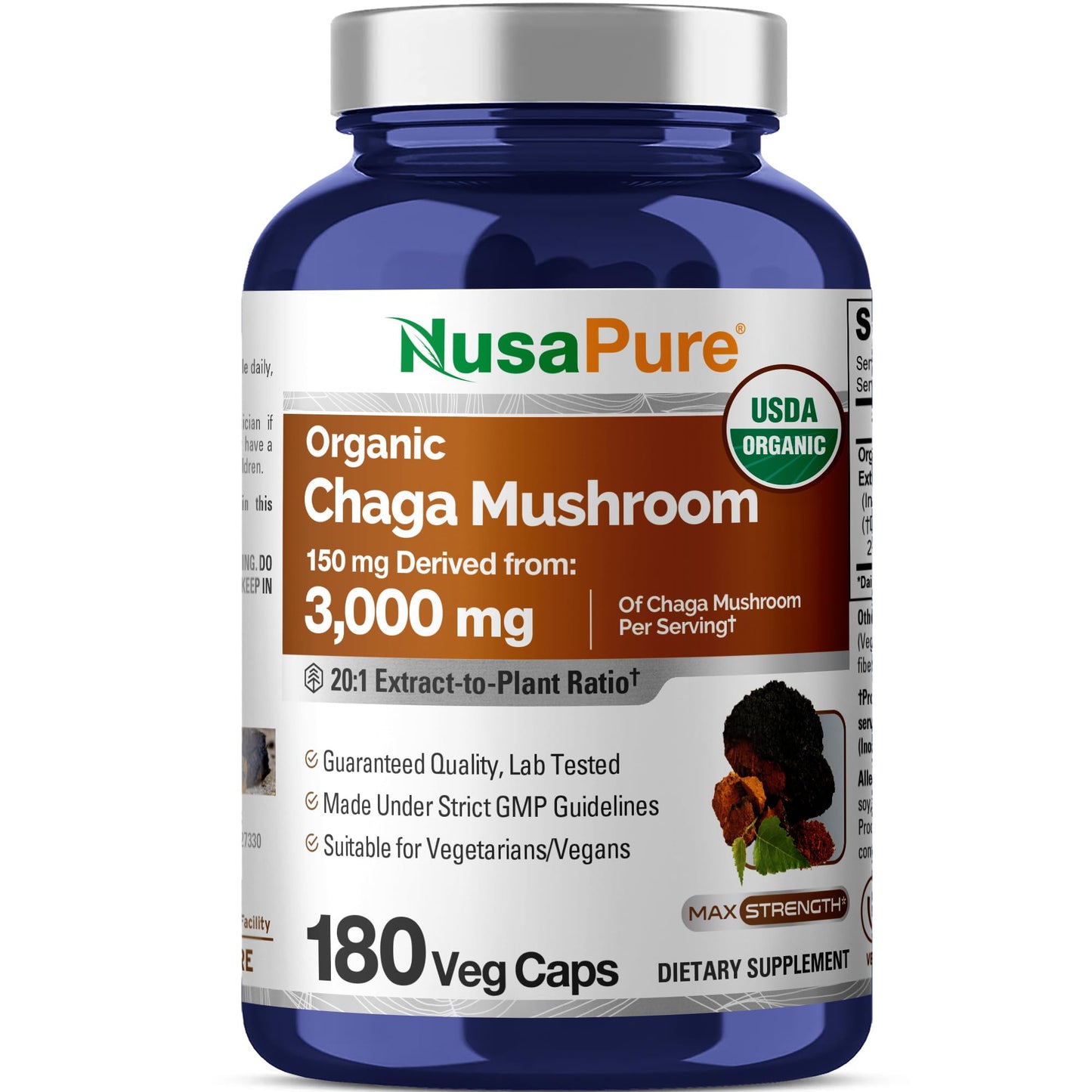 NusaPure Chaga Mushroom 20:1 Extract, 150 mg Equivalent to 3,000mg per Veggie Capsule, 180 Count, USDA Organic, Vegan, Non-GMO - Maple Wellness Supplements