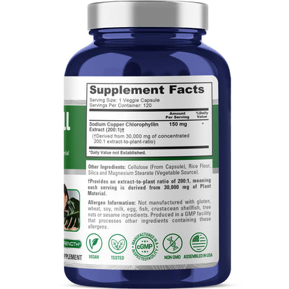 NusaPure Chlorophyll 200:1 Extract, 150 mg Equivalent to 30,000 mg per Capsule 120 Vegetarian Caps (Non-GMO, Vegan) - Maple Wellness Supplements
