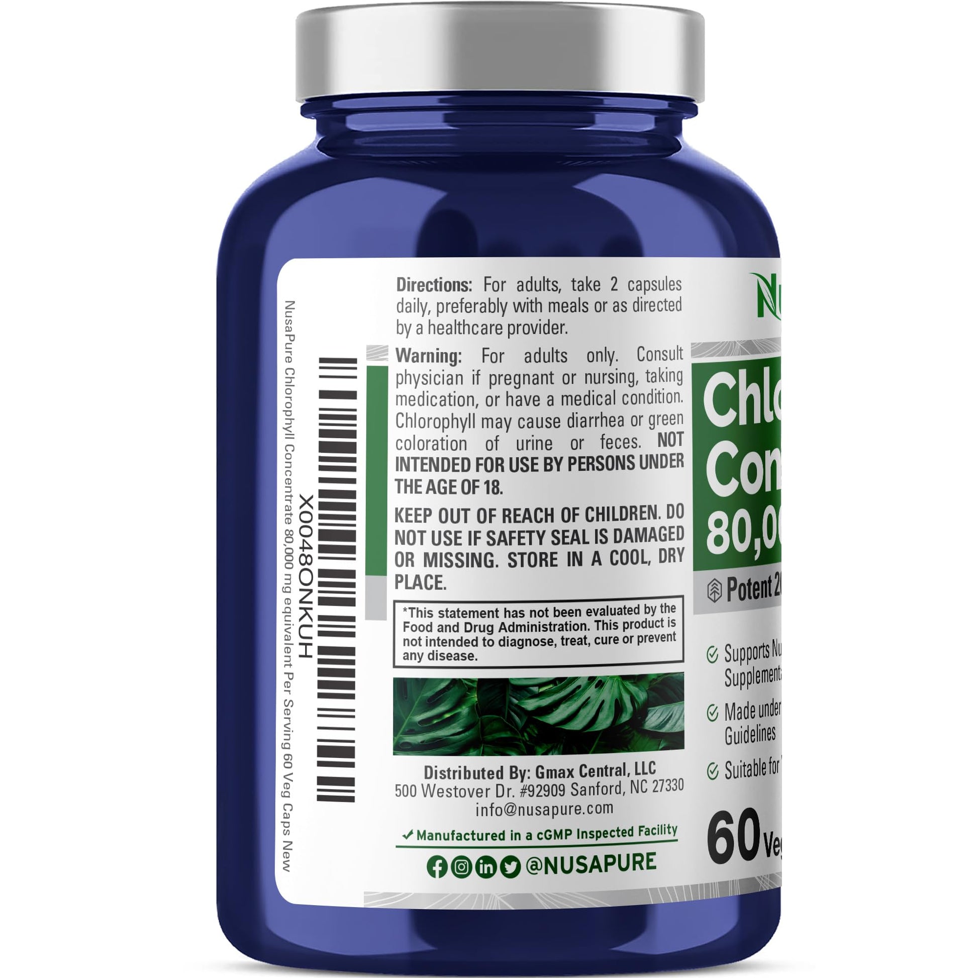 NusaPure Chlorophyll 200:1 Extract, 400 mg Equivalent to 80,000mg 60 Veggie Caps (Equivalent 80000mg per Serving, Non-GMO, Vegan) Sodium Copper Chlorophyllin - Maple Wellness Supplements