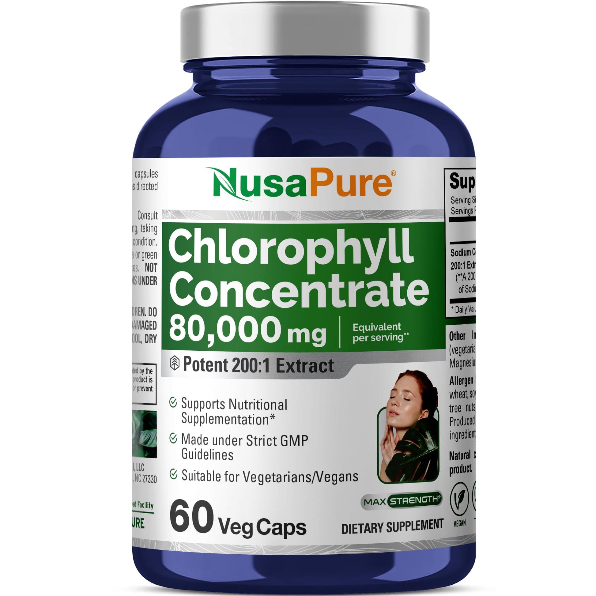 NusaPure Chlorophyll 200:1 Extract, 400 mg Equivalent to 80,000mg 60 Veggie Caps (Equivalent 80000mg per Serving, Non-GMO, Vegan) Sodium Copper Chlorophyllin - Maple Wellness Supplements
