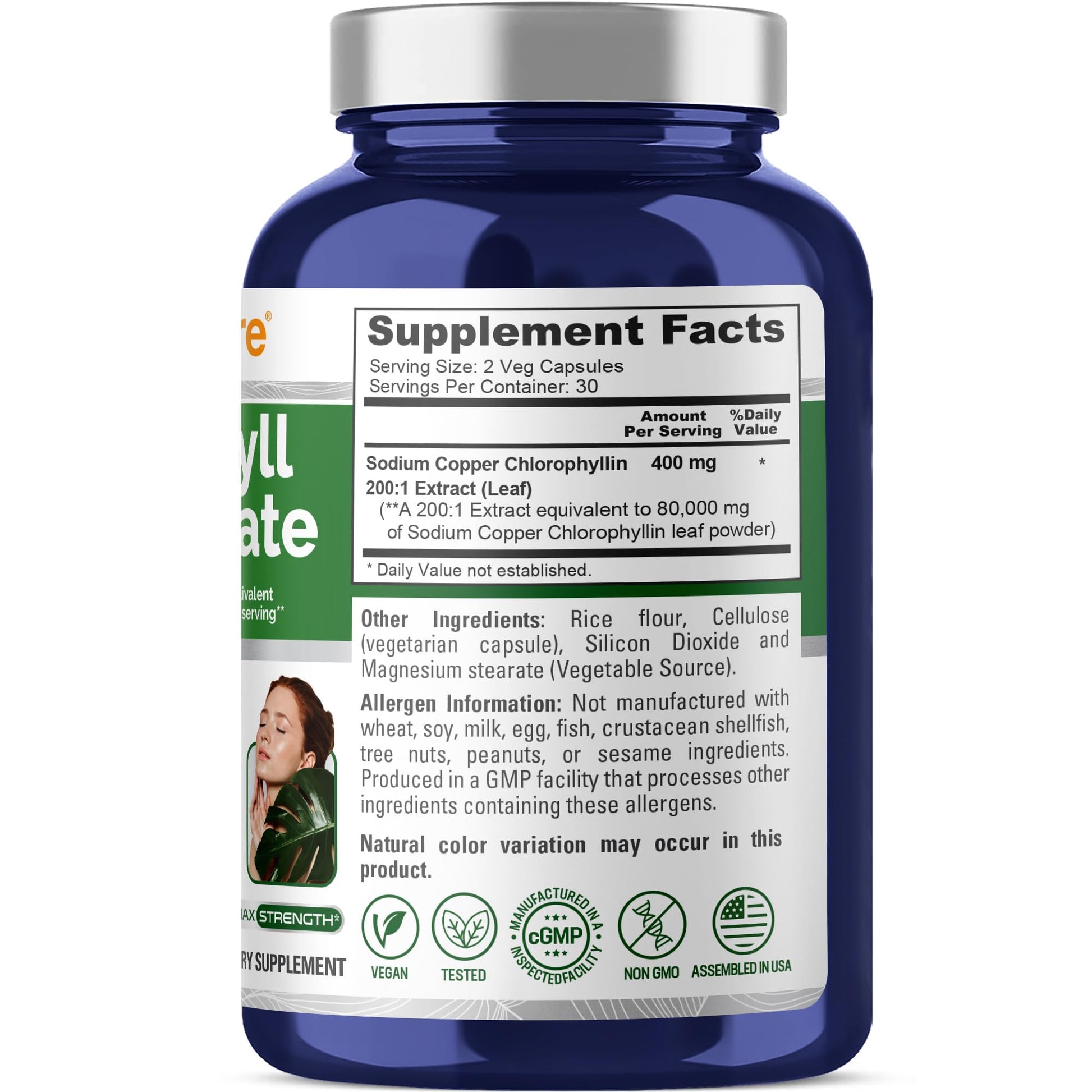 NusaPure Chlorophyll 200:1 Extract, 400 mg Equivalent to 80,000mg 60 Veggie Caps (Equivalent 80000mg per Serving, Non-GMO, Vegan) Sodium Copper Chlorophyllin - Maple Wellness Supplements