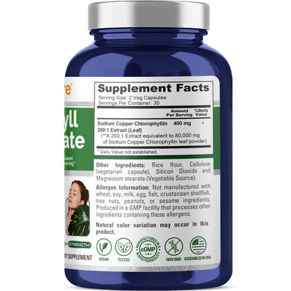 NusaPure Chlorophyll 200:1 Extract, 400 mg Equivalent to 80,000mg 60 Veggie Caps (Equivalent 80000mg per Serving, Non-GMO, Vegan) Sodium Copper Chlorophyllin - Maple Wellness Supplements
