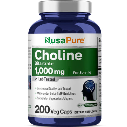 NusaPure Choline Bitartrate - Suitable for Vegetarian/Vegan, Non - GMO - 1000 mg 200 Capsules - Maple Wellness Supplements
