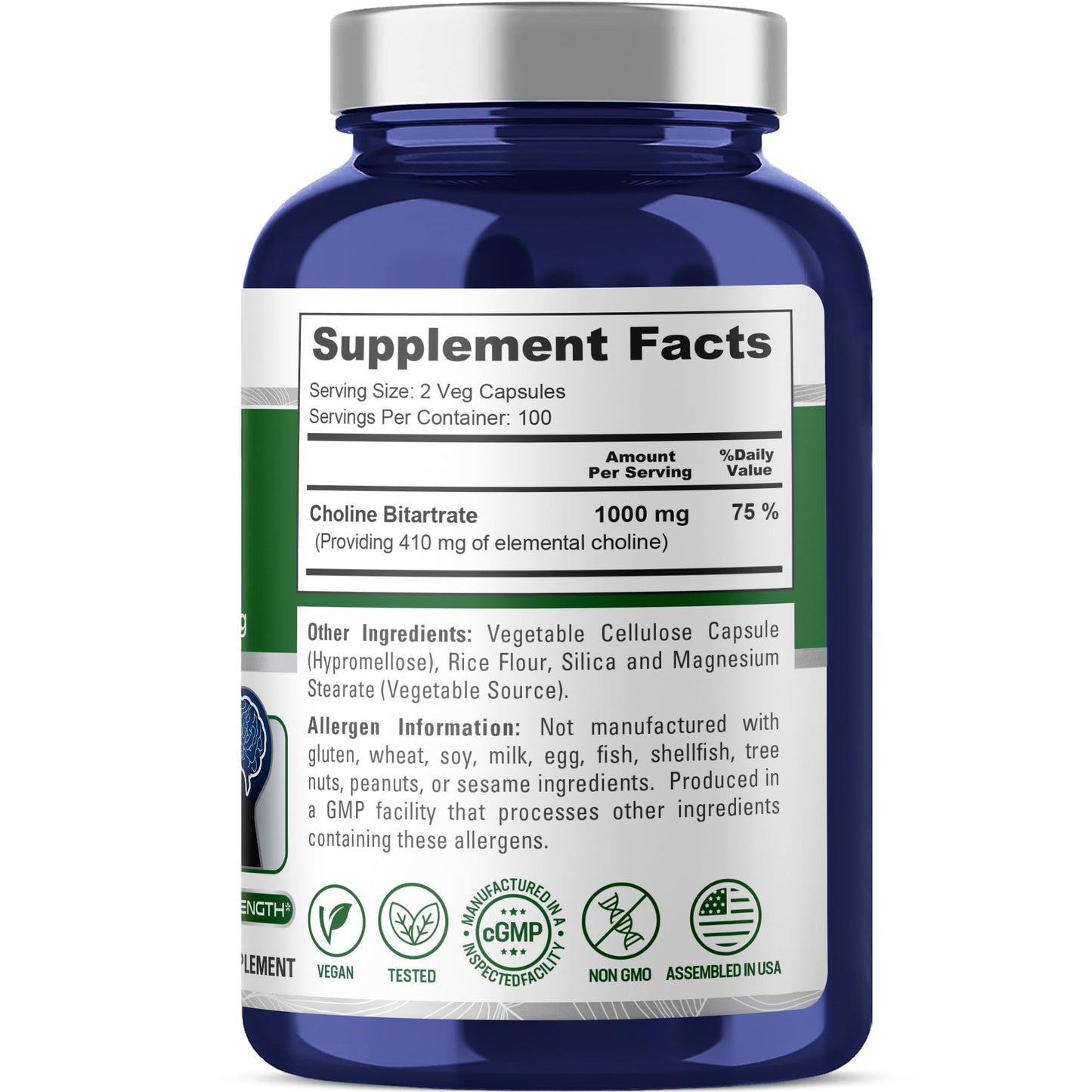 NusaPure Choline Bitartrate - Suitable for Vegetarian/Vegan, Non - GMO - 1000 mg 200 Capsules - Maple Wellness Supplements