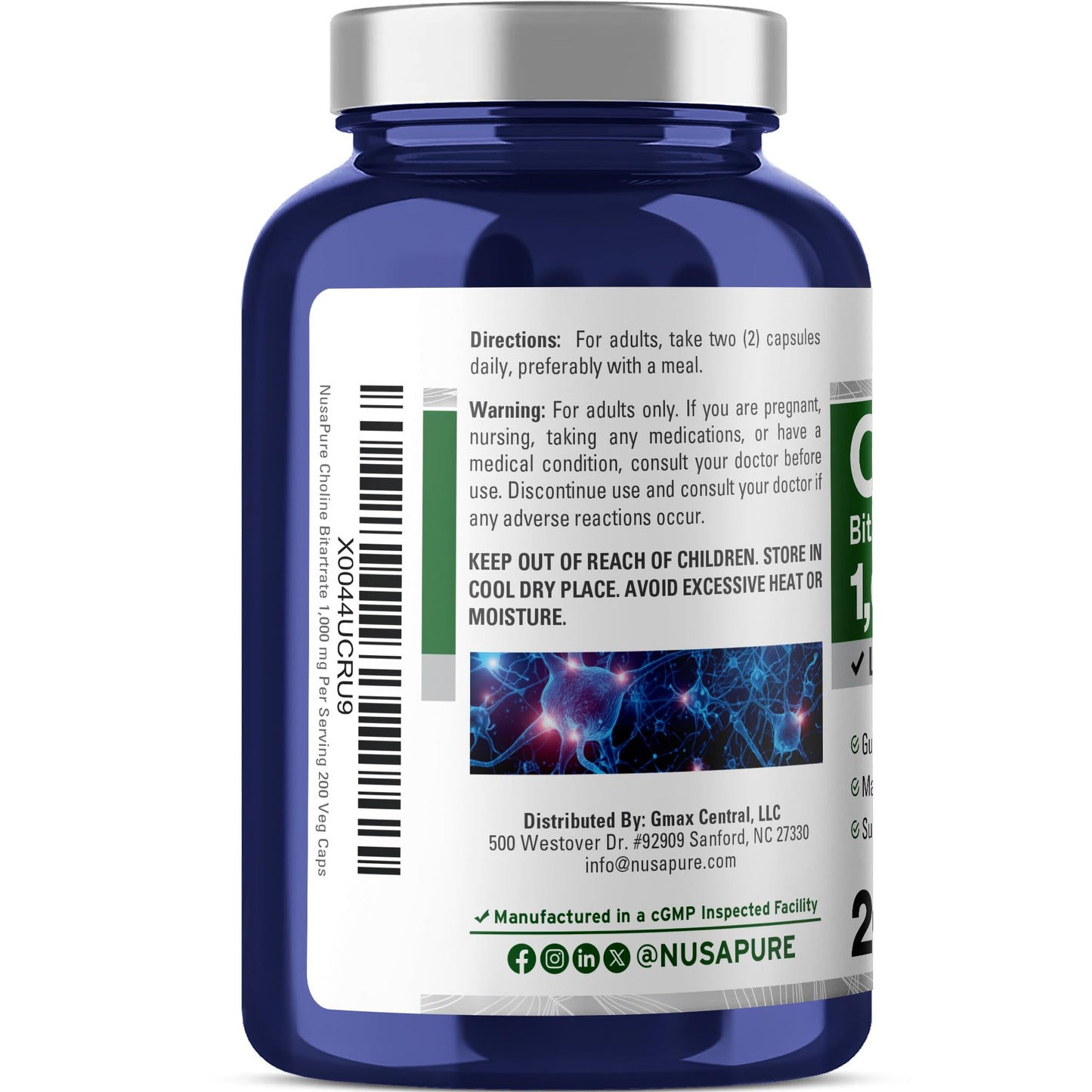 NusaPure Choline Bitartrate - Suitable for Vegetarian/Vegan, Non - GMO - 1000 mg 200 Capsules - Maple Wellness Supplements