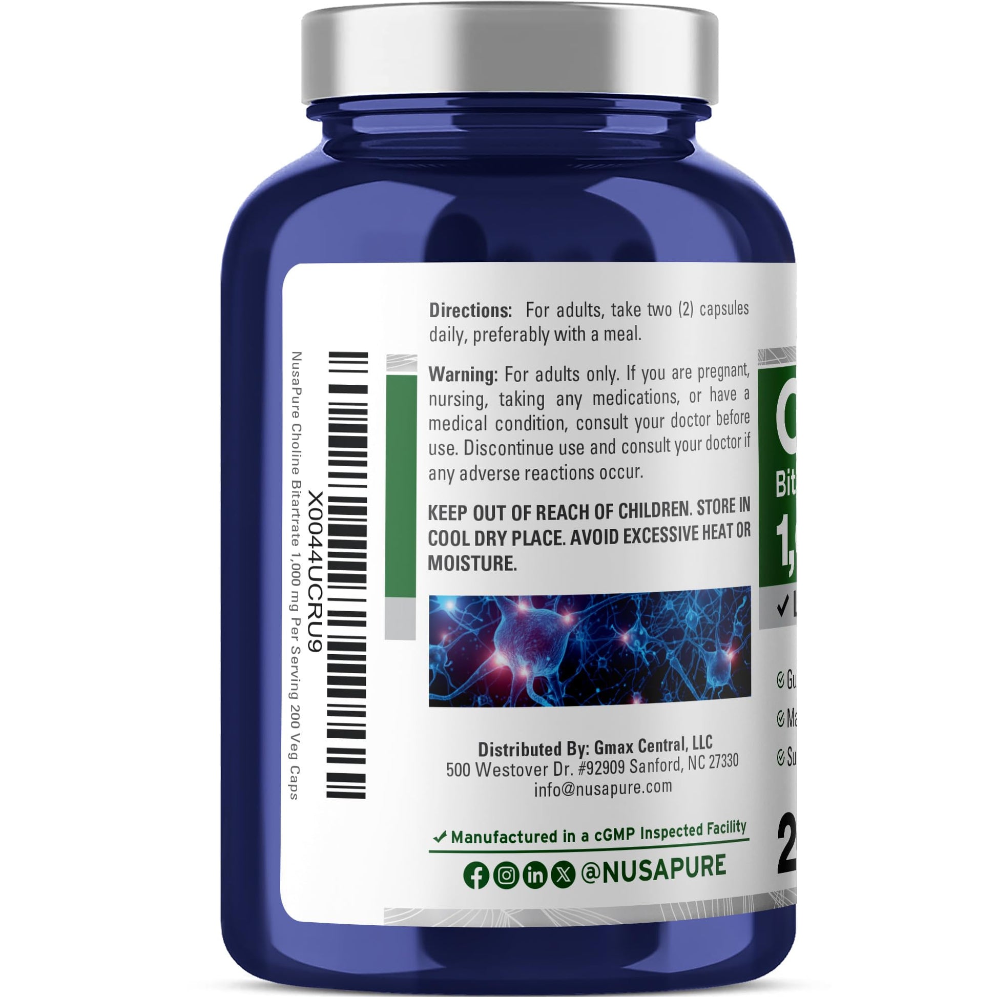 NusaPure Choline Bitartrate - Suitable for Vegetarian/Vegan, Non - GMO - 1000 mg 200 Capsules - Maple Wellness Supplements