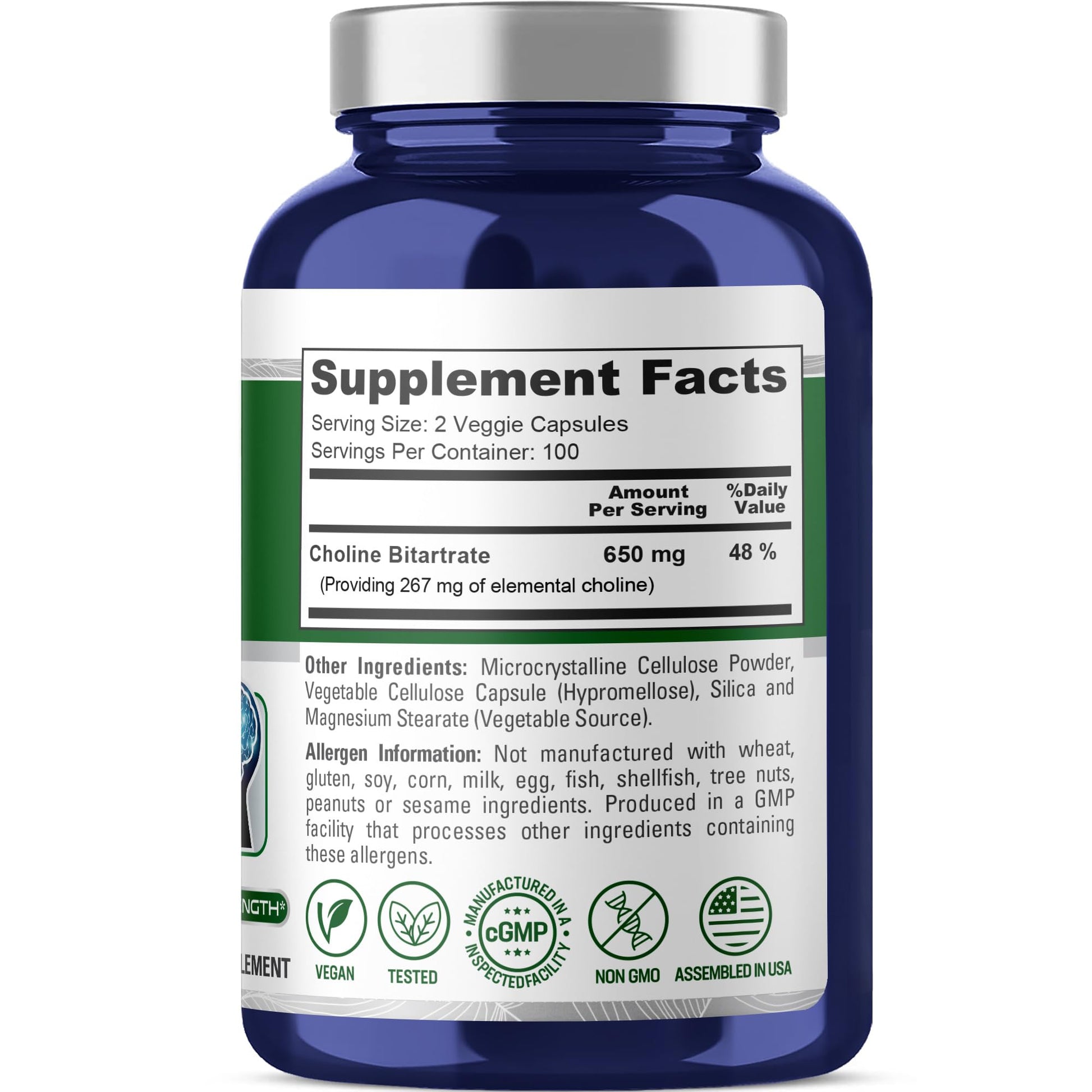 NusaPure Choline Bitartrate - Suitable for Vegetarian/Vegan, Non - GMO - 650 mg 200 Capsules - Maple Wellness Supplements