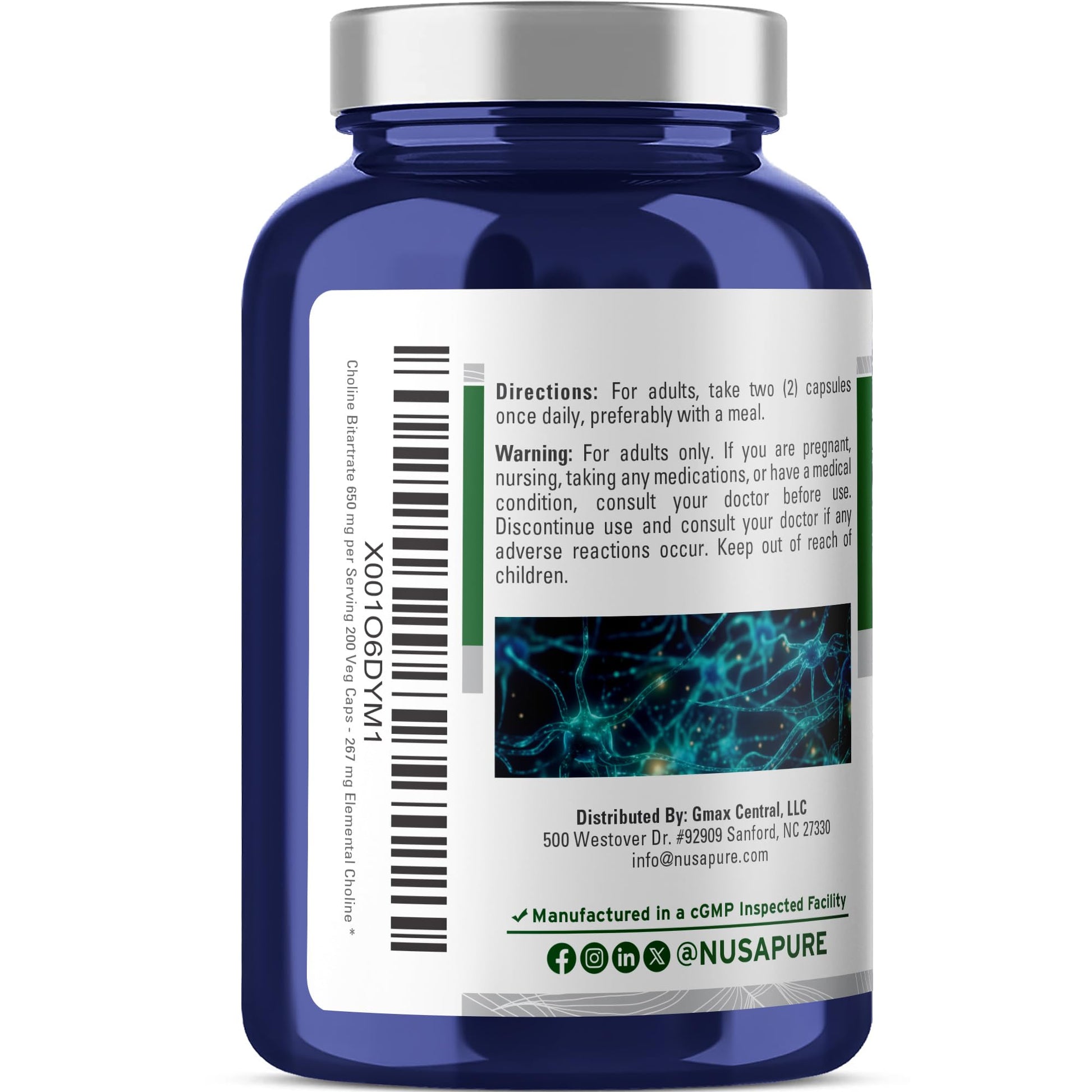 NusaPure Choline Bitartrate - Suitable for Vegetarian/Vegan, Non - GMO - 650 mg 200 Capsules - Maple Wellness Supplements