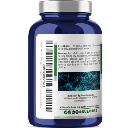 NusaPure Choline Bitartrate - Suitable for Vegetarian/Vegan, Non - GMO - 650 mg 200 Capsules - Maple Wellness Supplements