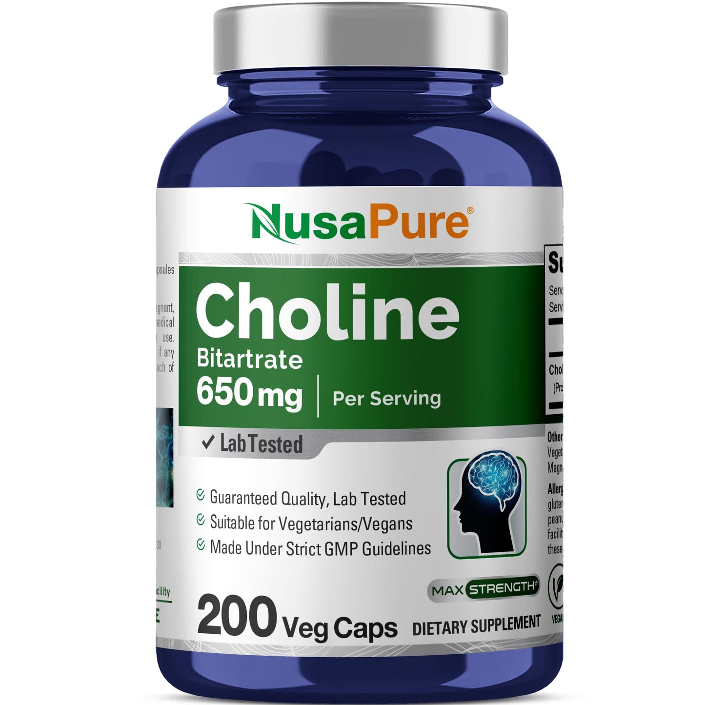 NusaPure Choline Bitartrate - Suitable for Vegetarian/Vegan, Non - GMO - 650 mg 200 Capsules - Maple Wellness Supplements