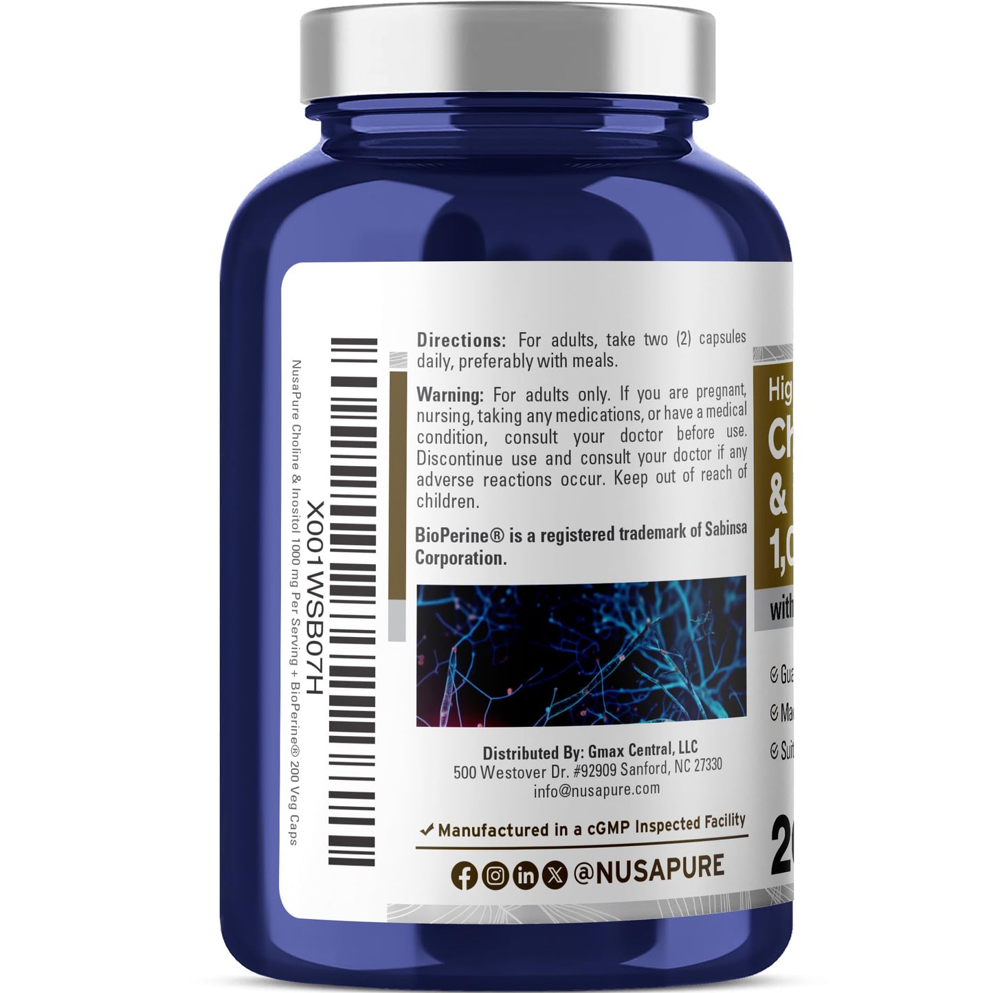 NusaPure Choline & Inositol - Suitable for Vegetarian/Vegan, Non - GMO - 1000mg - 200 Veggie Capsules - Maple Wellness Supplements