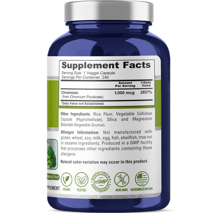 NusaPure Chromium Picolinate 1000mcg 240 Veggie Capsules (Non-GMO, Vegan) - Maple Wellness Supplements