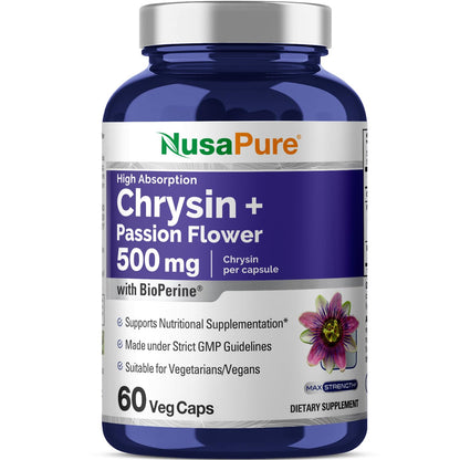 NusaPure Chrysin 500mg, 60 Veggie Capsules | Passion Flower Complex 500mg Supplement | 5, 7-Dihydroxyflavone | Concentrated Extract | Non-GMO, BioPerine & Vegan - Maple Wellness Supplements