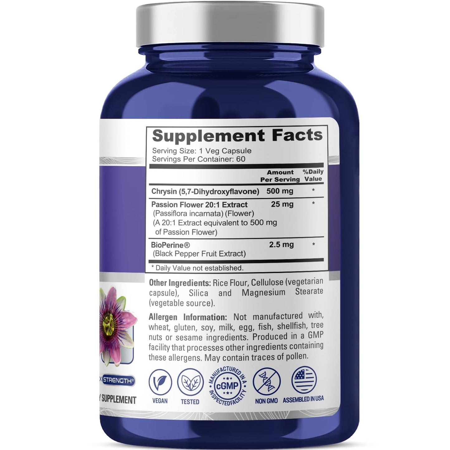 NusaPure Chrysin 500mg, 60 Veggie Capsules | Passion Flower Complex 500mg Supplement | 5, 7-Dihydroxyflavone | Concentrated Extract | Non-GMO, BioPerine & Vegan - Maple Wellness Supplements