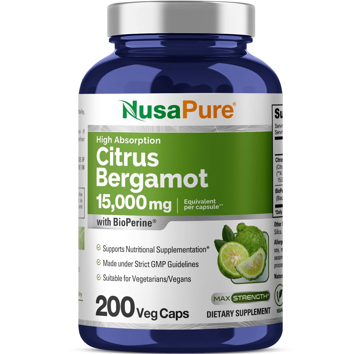 NusaPure Citrus Bergamot Capsules 15,000mg, 200 Capsules - 25:1 Bergamot Extract - 200 Servings, Bioperine, Vegan, Non-GMO - Maple Wellness Supplements