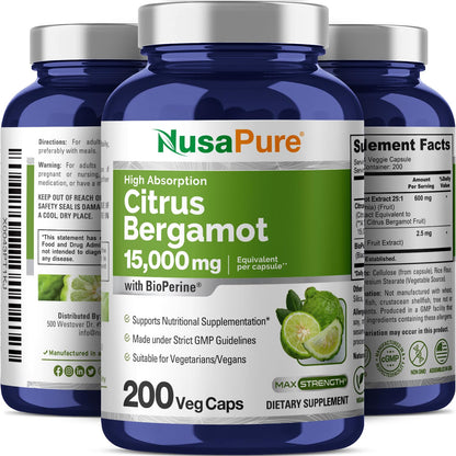 NusaPure Citrus Bergamot Capsules 15,000mg, 200 Capsules - 25:1 Bergamot Extract - 200 Servings, Bioperine, Vegan, Non-GMO - Maple Wellness Supplements