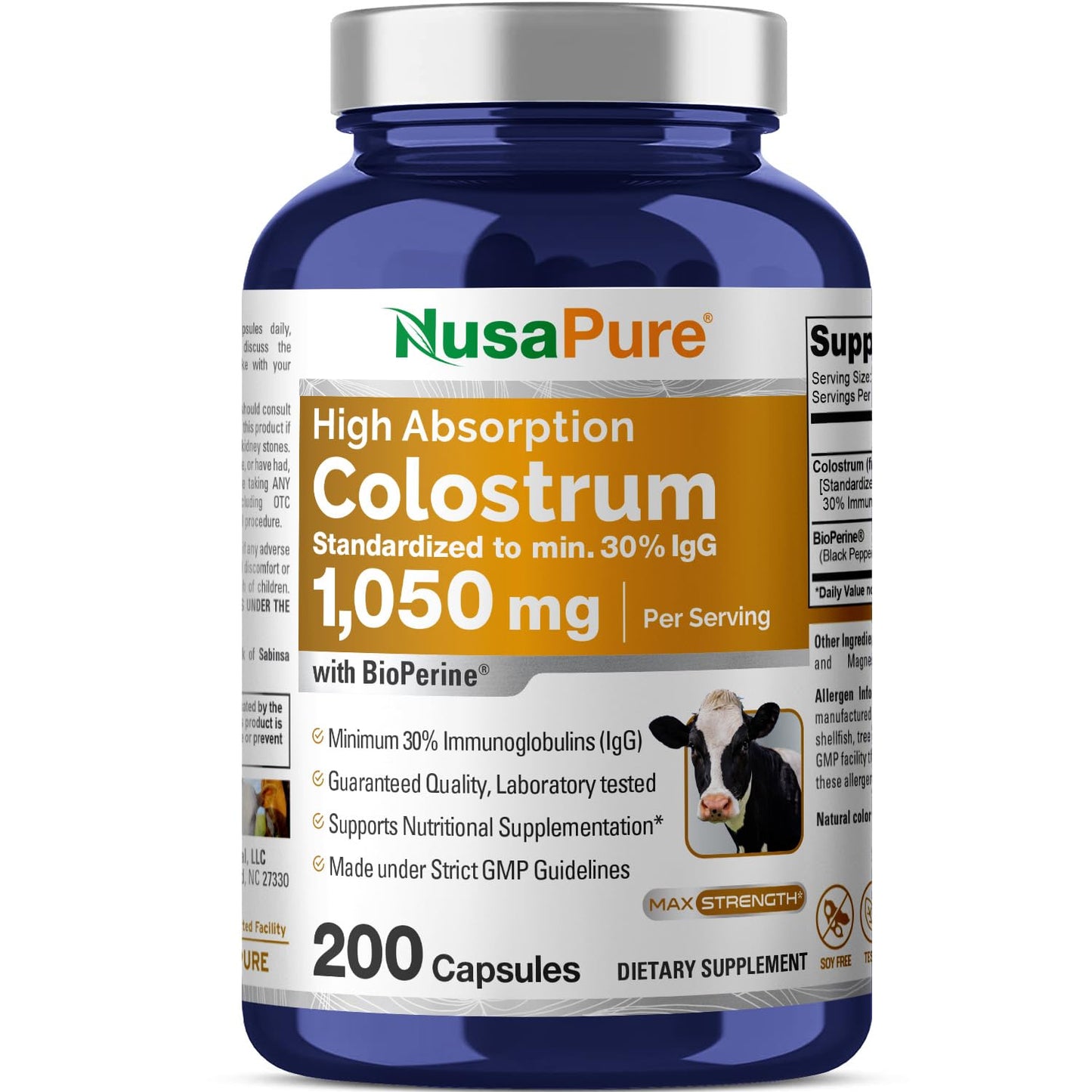NusaPure Colostrum 1050mg 30% IgG 200 capsules (Non-GMO, Soyfree) Bioperine - Maple Wellness Supplements