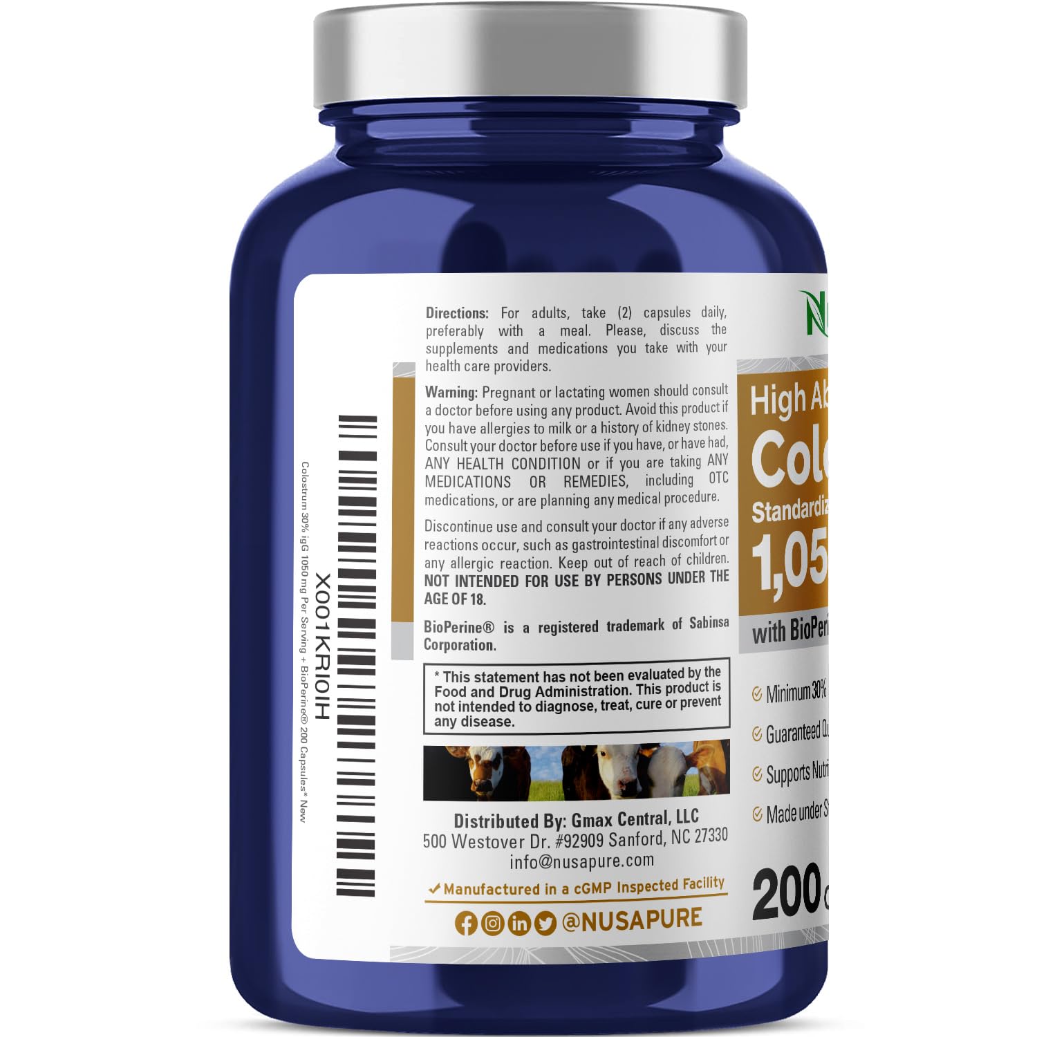 NusaPure Colostrum 1050mg 30% IgG 200 capsules (Non-GMO, Soyfree) Bioperine - Maple Wellness Supplements