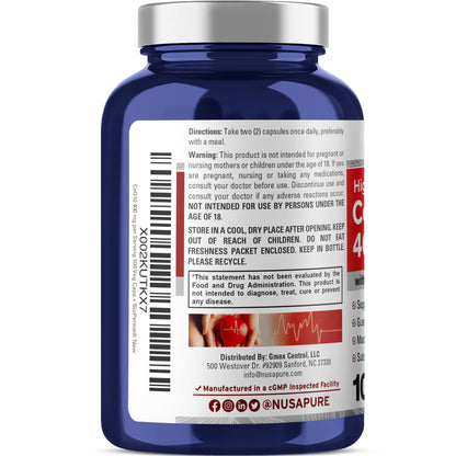 NusaPure CoQ10 400mg 100 Veggie Caps (Vegan, Non-GMO) Coenzyme Q10 Supplement, Antioxidant COQ-10 Enzyme, Coq 10 - Maple Wellness Supplements