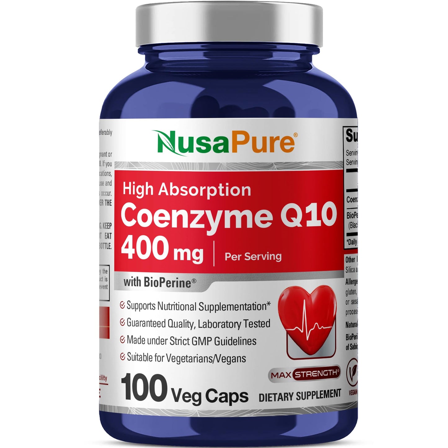 NusaPure CoQ10 400mg 100 Veggie Caps (Vegan, Non-GMO) Coenzyme Q10 Supplement, Antioxidant COQ-10 Enzyme, Coq 10 - Maple Wellness Supplements