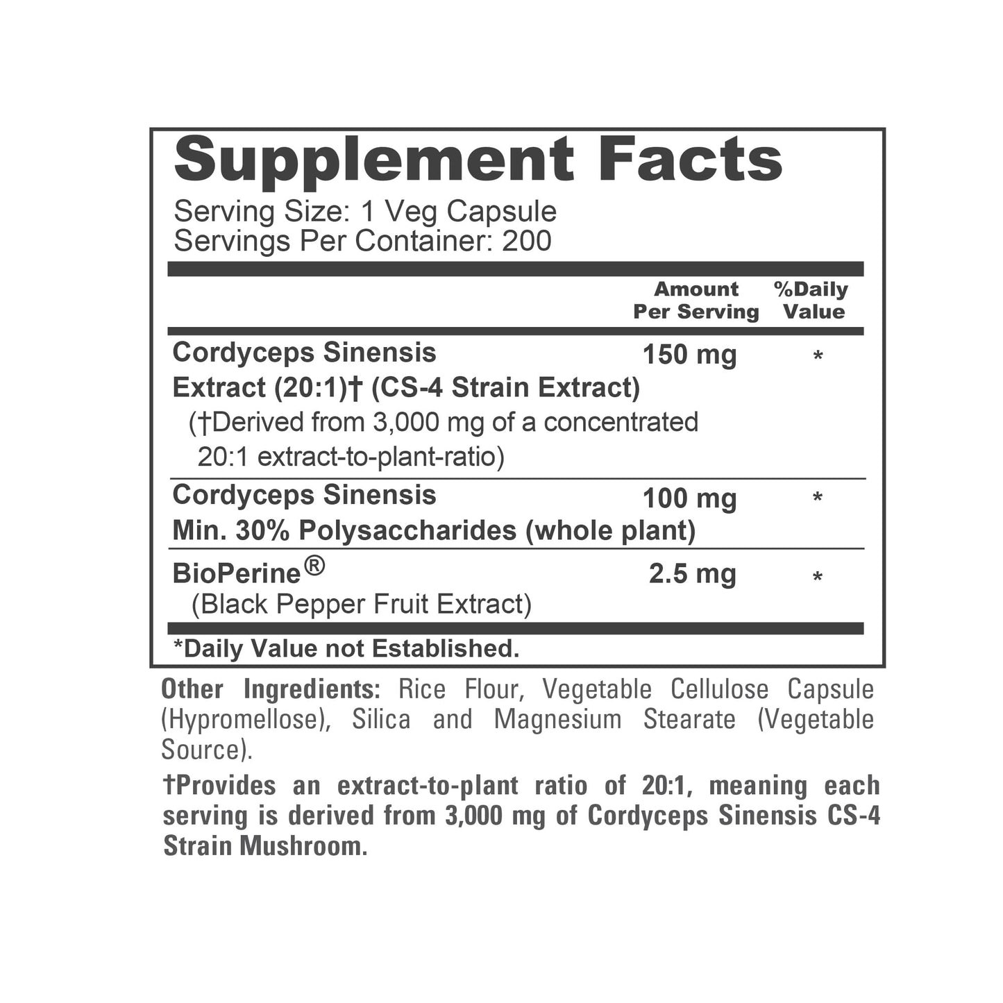 NusaPure Cordyceps 20:1 Extract, 150 mg Equivalent to 3,000mg 200 Veggie Capsules (Sinensis CS-4, Non-GMO, Vegan) Bioperine - Maple Wellness Supplements