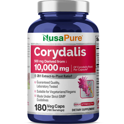 NusaPure Corydalis Root Extract 20:1 - Suitable for Vegetarian/Vegan, Non - GMO - 1000 mg - 180 Capsules - Maple Wellness Supplements