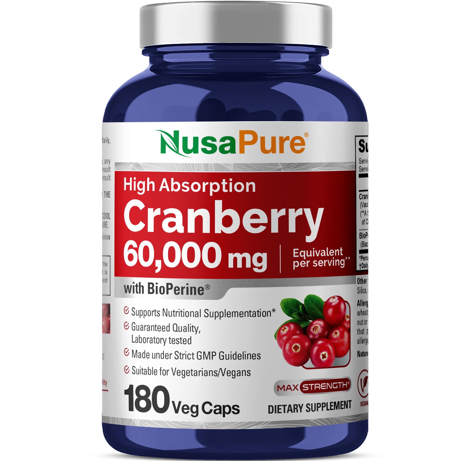 NusaPure Cranberry 60,000 mg 180 Veg Caps (Bioperine, Non-GMO, Vegan) - Maple Wellness Supplements