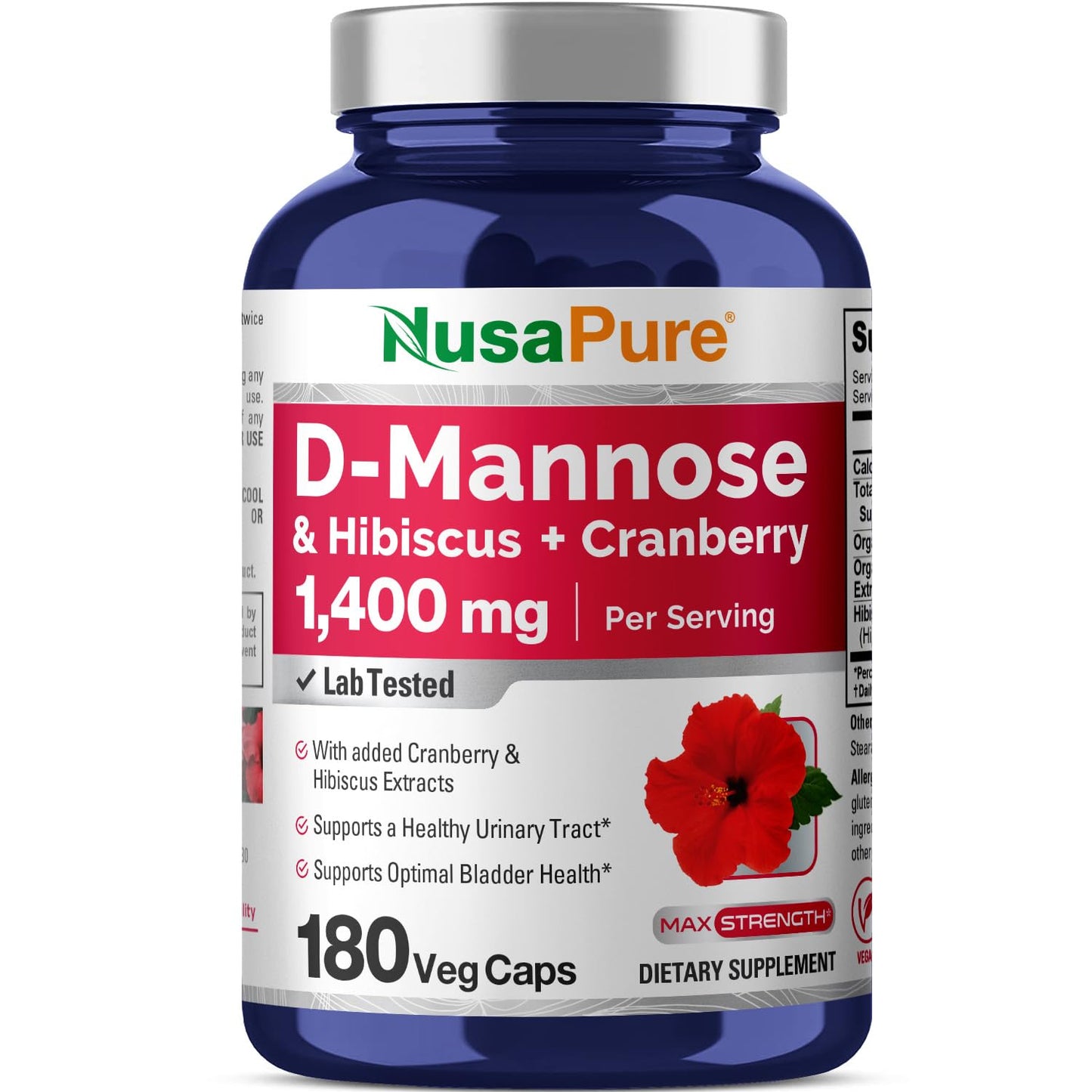 NusaPure D-Mannose Complex 1400 mg (with Hibiscus and Cranberry) - 180 Veggie Caps Non-GMO & Vegan - Maple Wellness Supplements