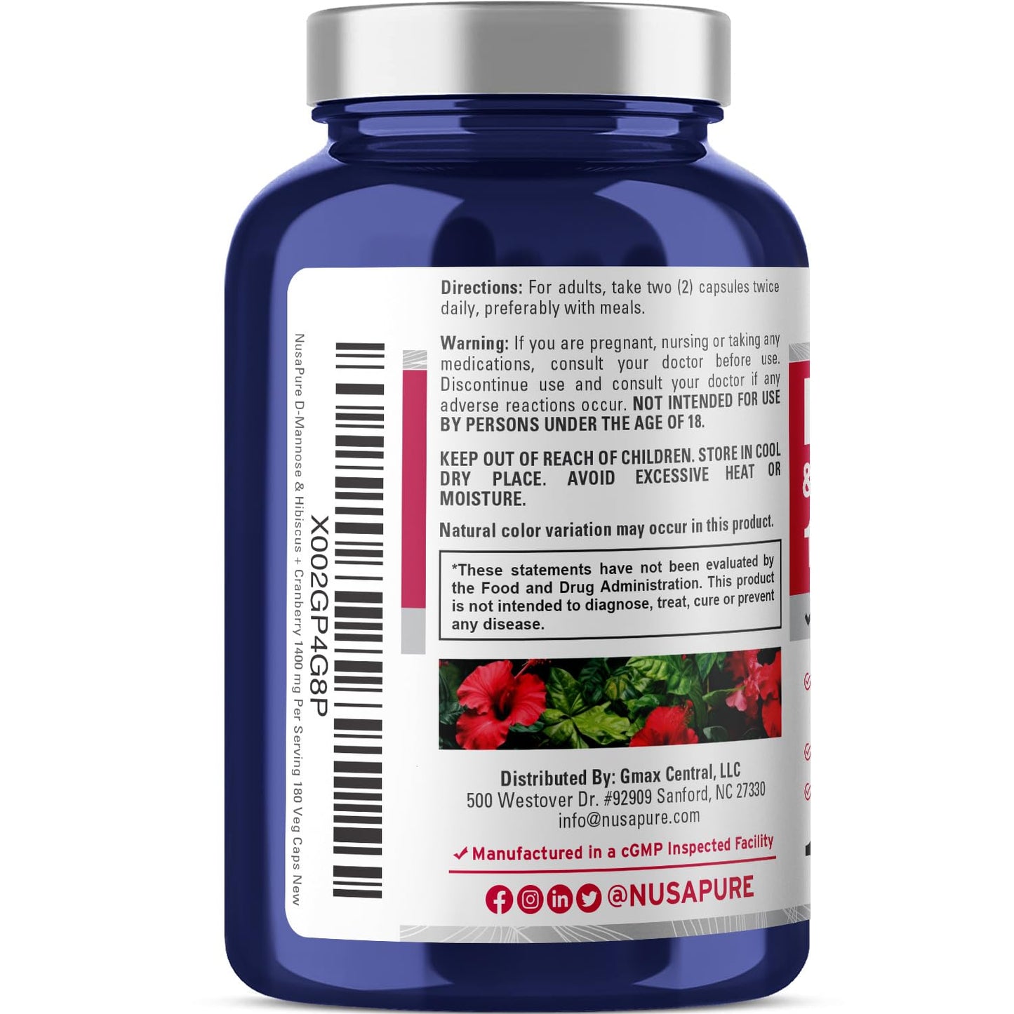 NusaPure D-Mannose Complex 1400 mg (with Hibiscus and Cranberry) - 180 Veggie Caps Non-GMO & Vegan - Maple Wellness Supplements