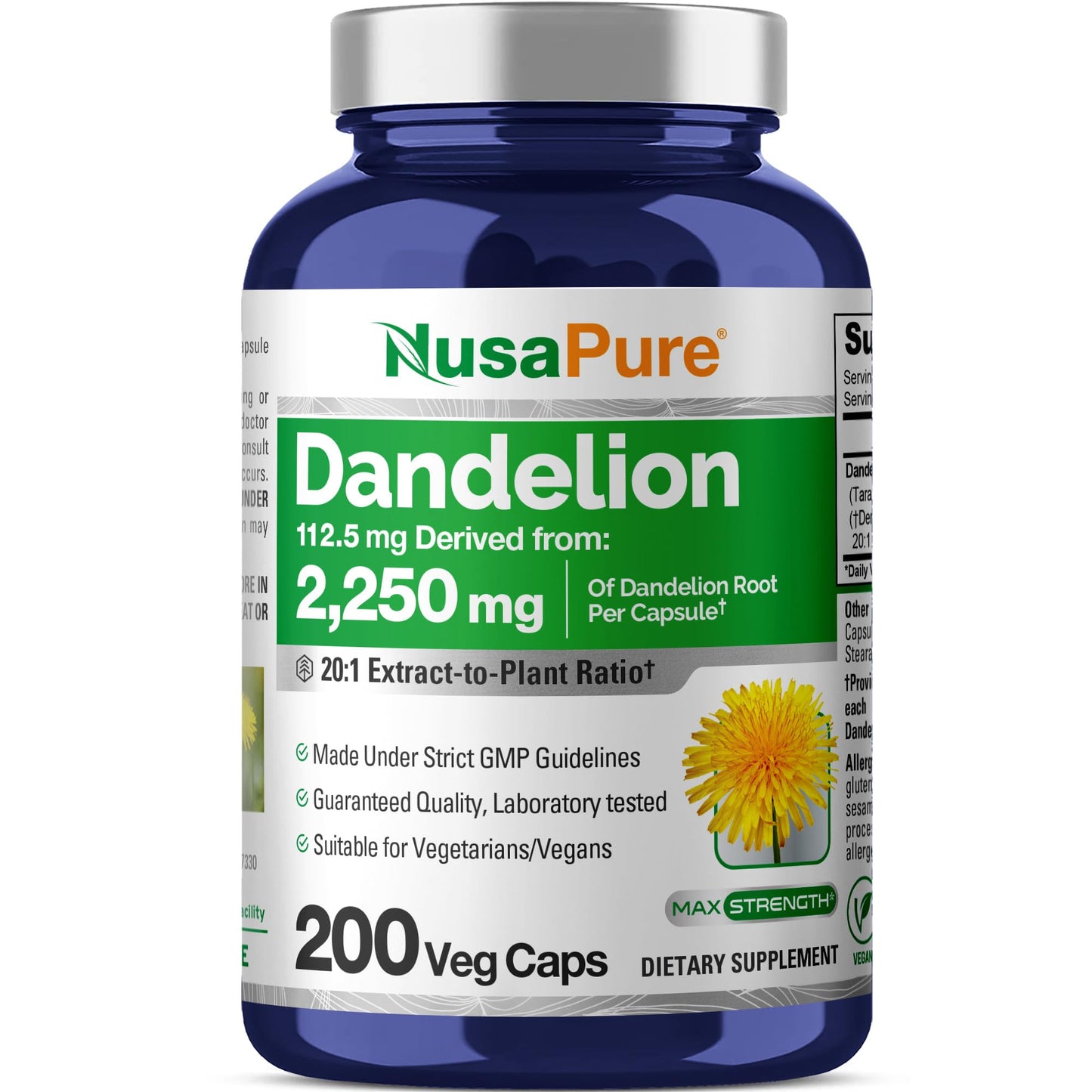 NusaPure Dandelion Root 20:1 Extract, 112.5 mg Equivalent to 2,250 mg 200 Veggie Capsules (Non-GMO, Vegan) - Maple Wellness Supplements