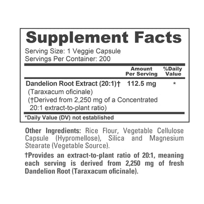 NusaPure Dandelion Root 20:1 Extract, 112.5 mg Equivalent to 2,250 mg 200 Veggie Capsules (Non-GMO, Vegan) - Maple Wellness Supplements