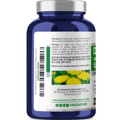NusaPure Dandelion Root 20:1 Extract, 250 mg Equivalent to 5000mg 200 Veg Capsules (Vegan, Non-GMO) - Maple Wellness Supplements