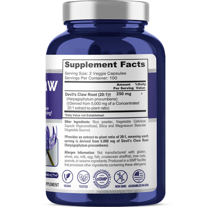 NusaPure Devil's Claw 20:1 Extract, 250 mg Equivalent to 5000mg, 200 Veggie Capsules, Concentrated Root Extract, Devils Claw Herbal Supplement, Non-GMO, Vegan Supplement - Maple Wellness Supplements