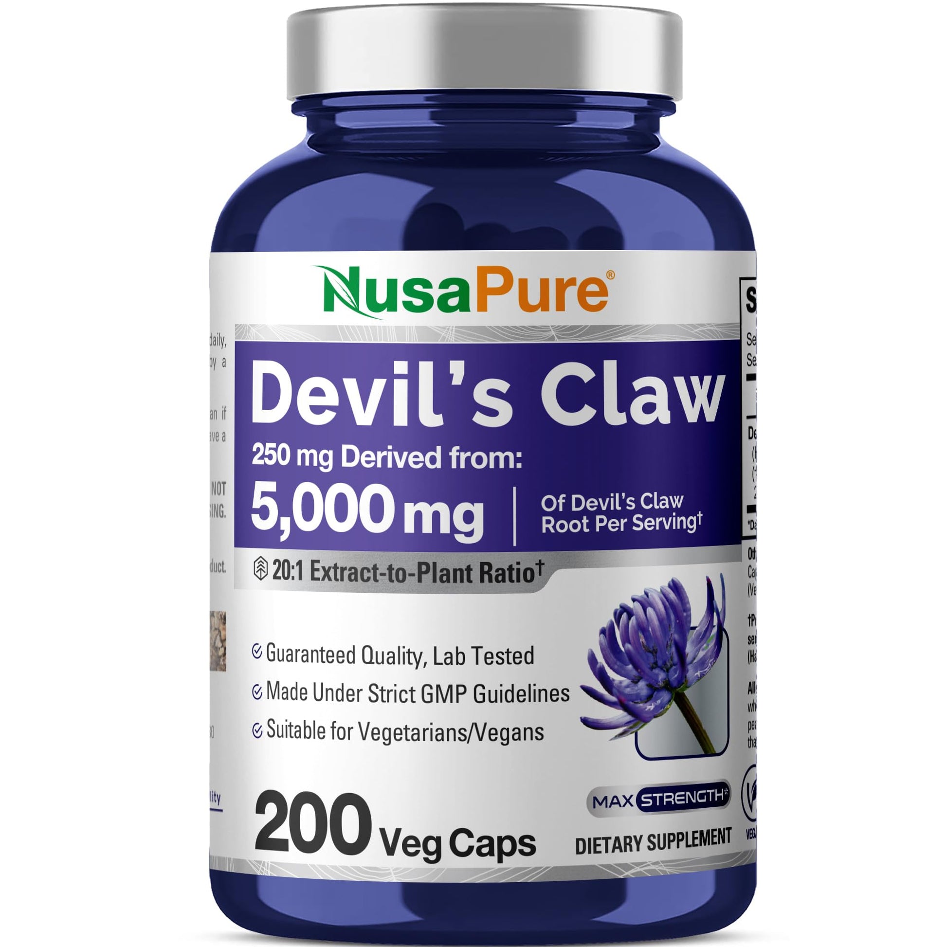 NusaPure Devil's Claw 20:1 Extract, 250 mg Equivalent to 5000mg, 200 Veggie Capsules, Concentrated Root Extract, Devils Claw Herbal Supplement, Non-GMO, Vegan Supplement - Maple Wellness Supplements