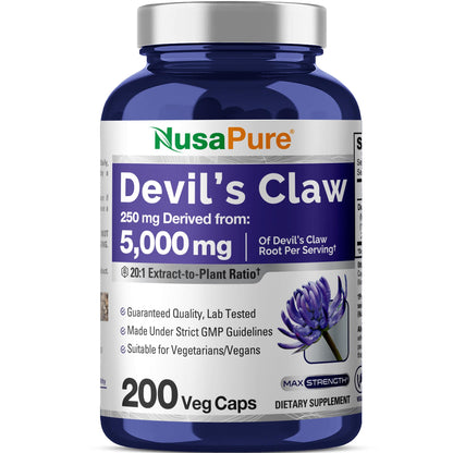 NusaPure Devil's Claw 20:1 Extract, 250 mg Equivalent to 5000mg, 200 Veggie Capsules, Concentrated Root Extract, Devils Claw Herbal Supplement, Non-GMO, Vegan Supplement - Maple Wellness Supplements